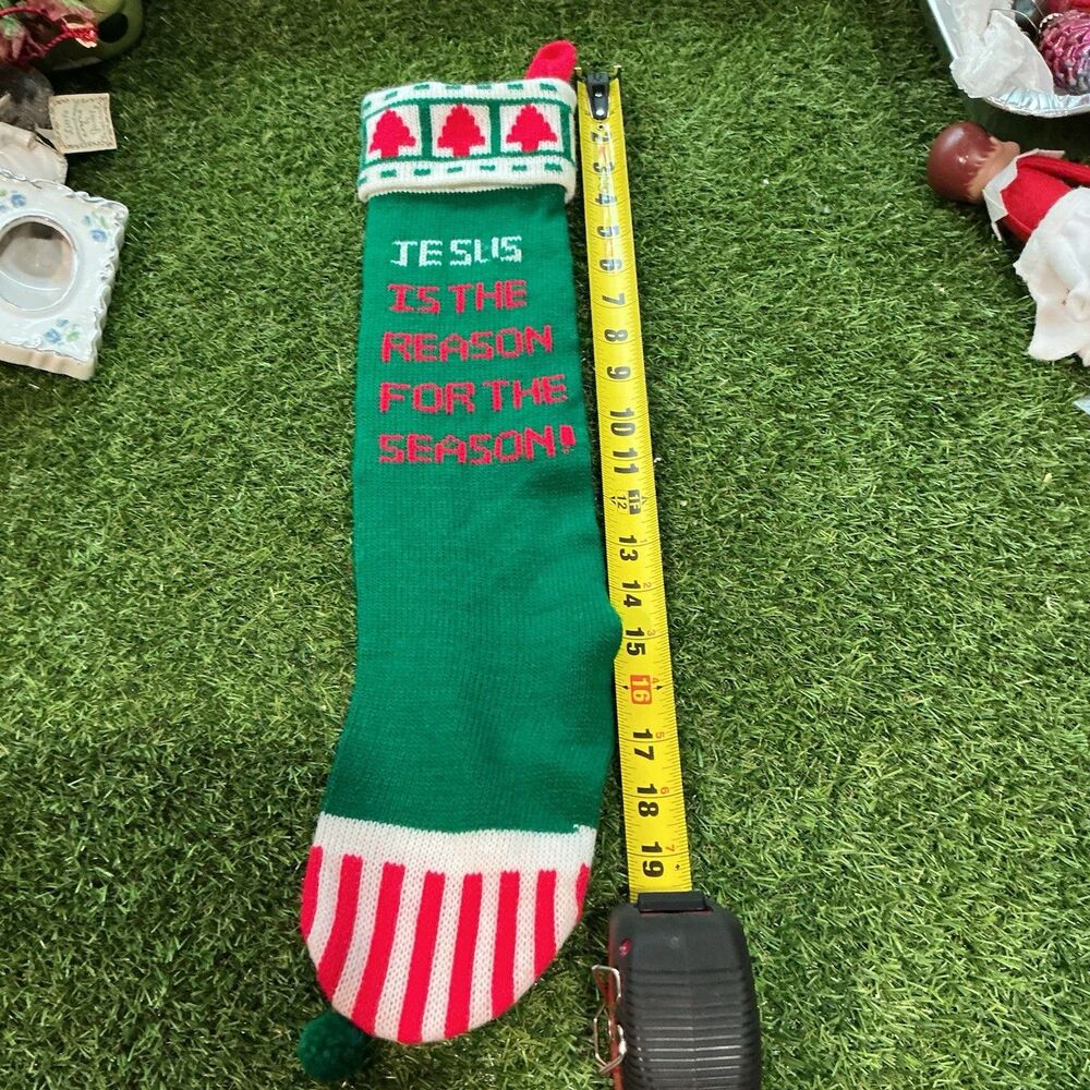 Jesus Is the Reason for the Season Knit Christmas Stocking Green Red 19”